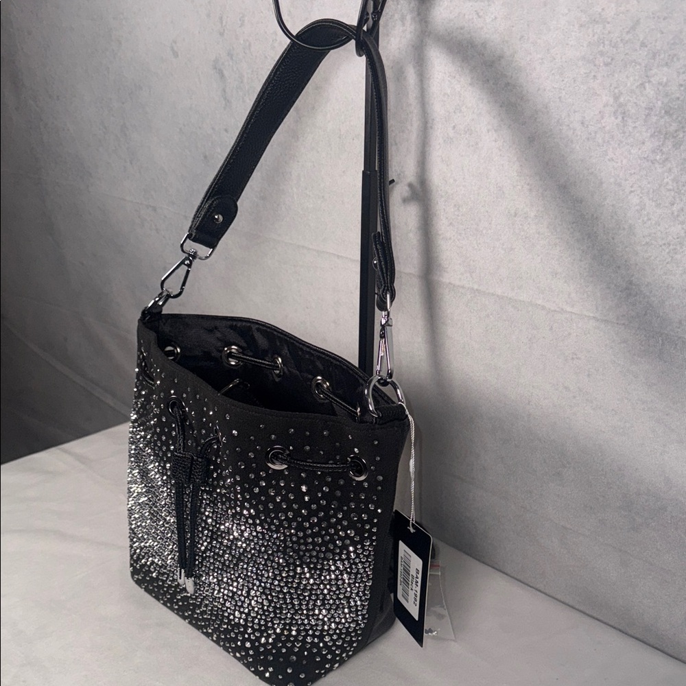 Black Rhinestone Drawstring Bucket Bag - Picture 2 of 6